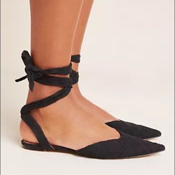 Anthropologie black eyelet point toe tie up flats - Picture 1 of 9